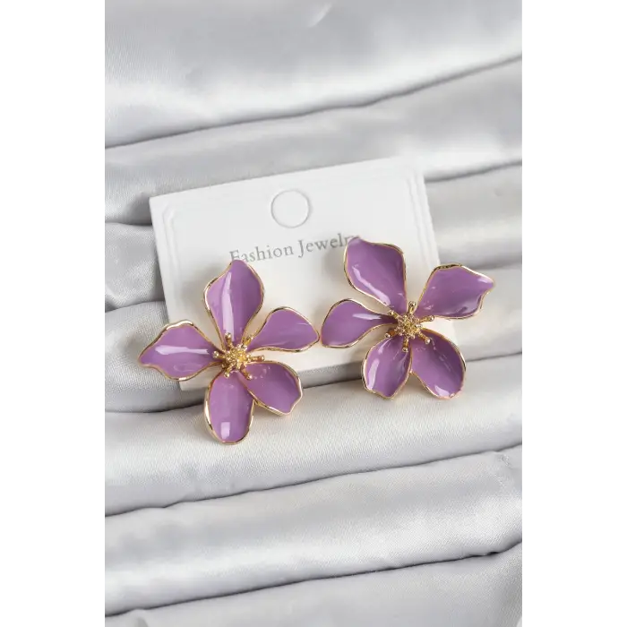 Mor Mineli Çiçek Model Pirinç Kadın Küpe