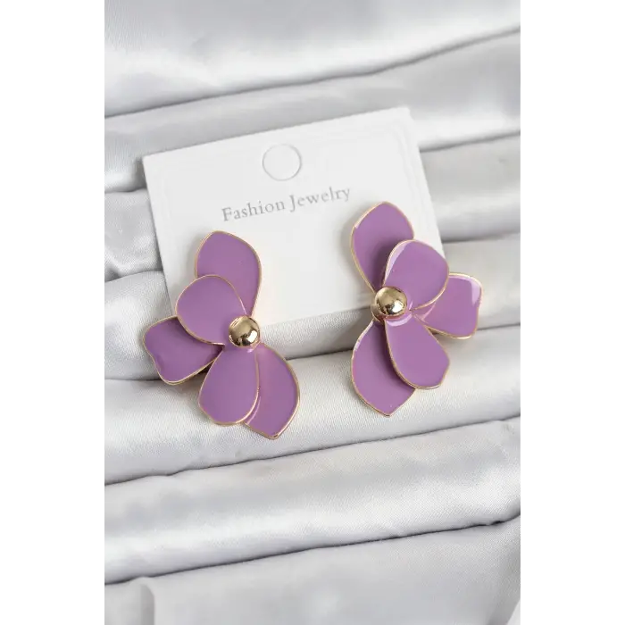 Mor Mineli Lotus Model Pirinç Kadın Küpe