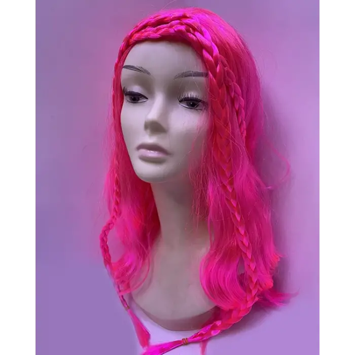 Neon Pembe Renk Örgülü Helen Karakter Peruğu Takma Saç