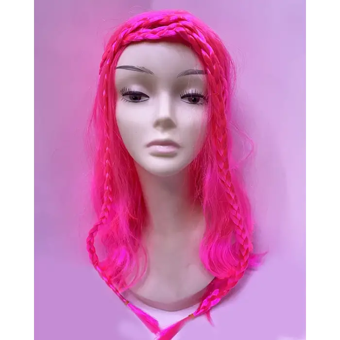 Neon Pembe Renk Örgülü Helen Karakter Peruğu Takma Saç