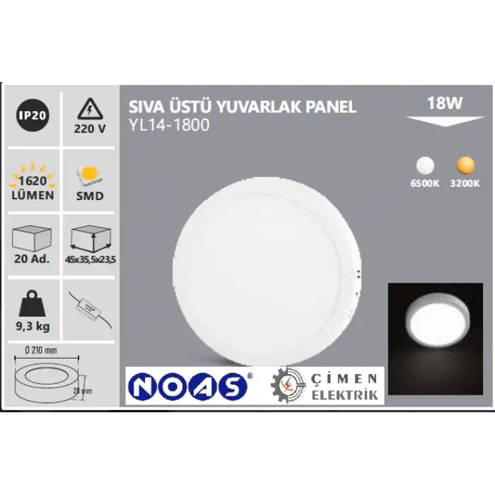 NOAS YL14 1800 Sıva Üstü 18W Led Spot 6500K Beyaz