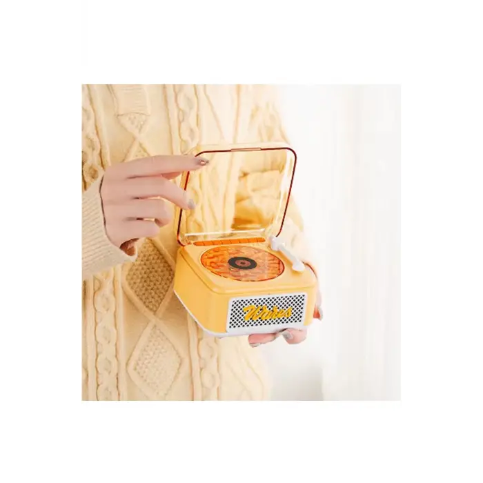 Nostalji Mini Plak Görünümlü Radyolu Bluetooth Hoparlör 3d Ses Dalgası Retro Müzik Plak Sarı