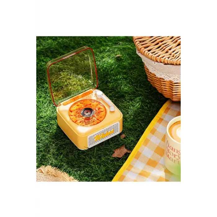 Nostalji Mini Plak Görünümlü Radyolu Bluetooth Hoparlör 3d Ses Dalgası Retro Müzik Plak Sarı