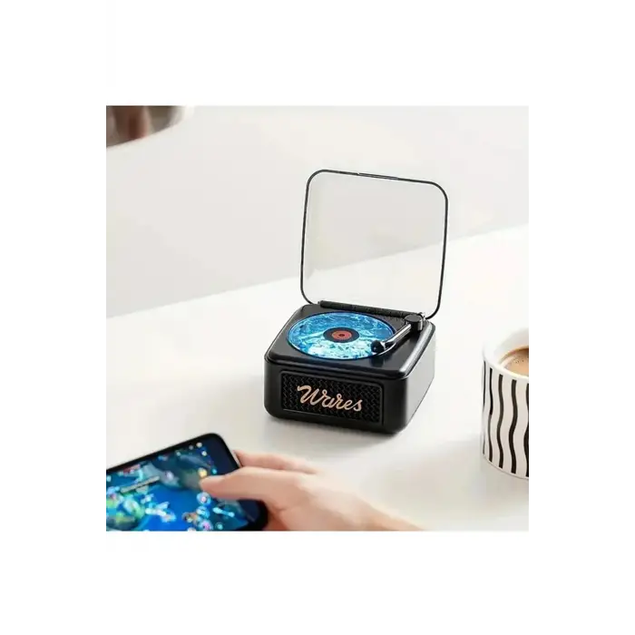 Nostalji Mini Plak Görünümlü Radyolu Bluetooth Hoparlör 3d Ses Dalgası Retro Müzik Plak Siyah