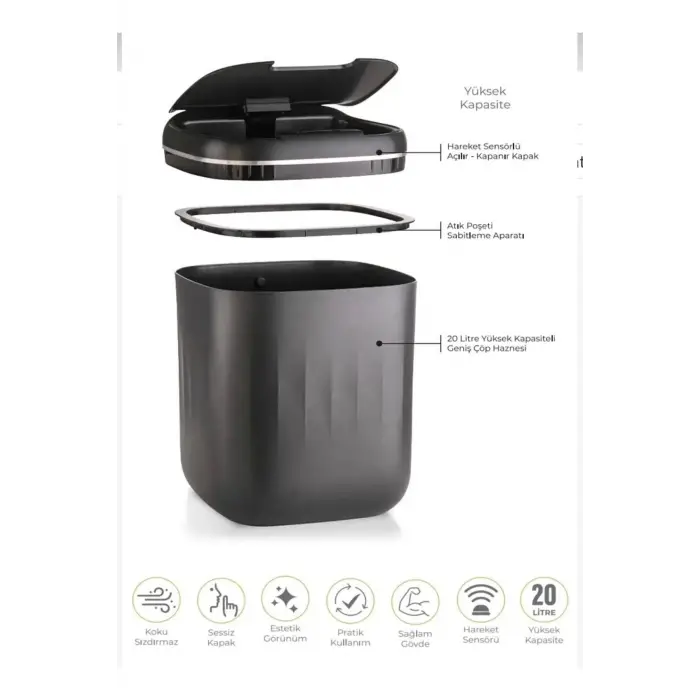 Otomatik Hareket Sensörlü Akıllı Çöp Kovası – 20 Litre Sessiz ve Hijyenik Kullanım