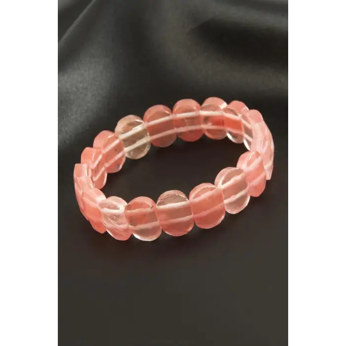 Oval Kesim Pembe Kuvars Doğaltaşlı Bileklik
