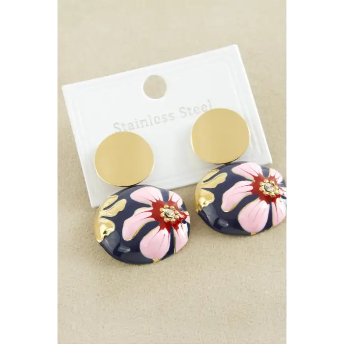 Oval Mineli Lüks Çelik Küpe