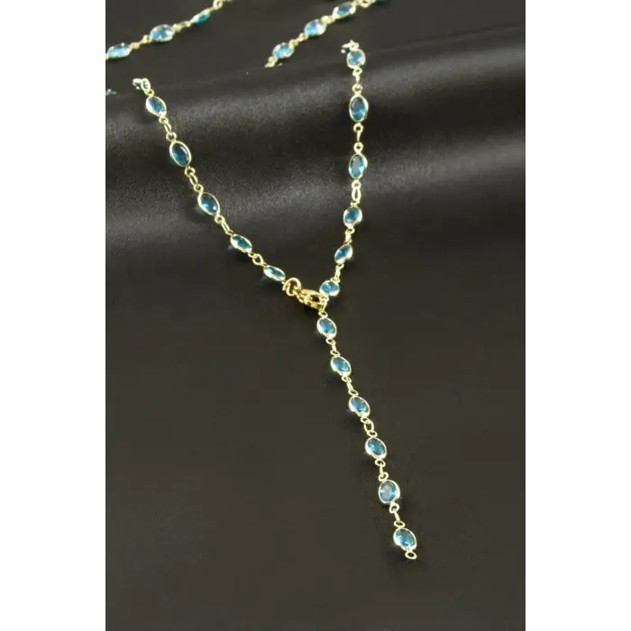 Oval Zirkon Taşlı Çelik Y Kolye