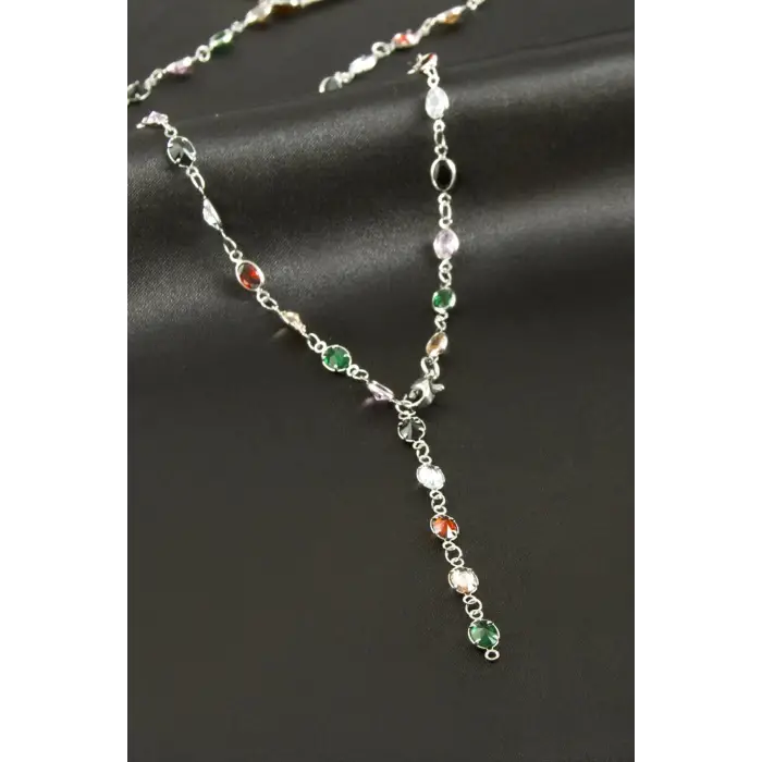 Oval Zirkon Taşlı Çelik Y Kolye