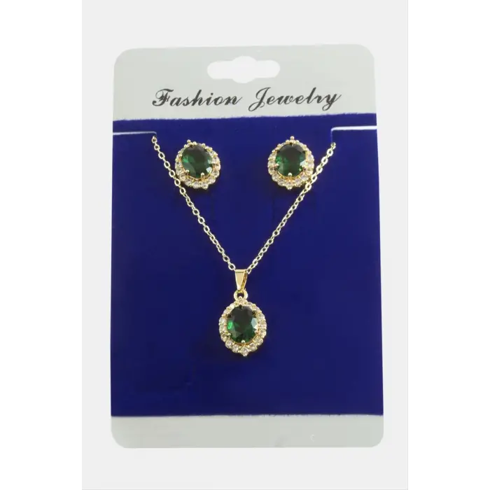 Oval Zirkon Taşlı Set Kolye
