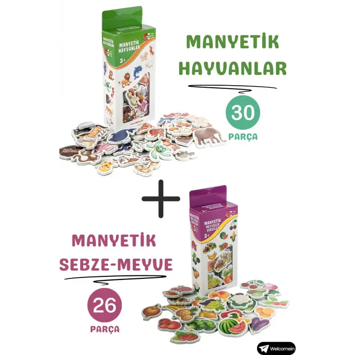 Oyuncak Manyetik Mıknatıslı 30 Parça Hayvanlar ve 26 Parça Sebze Meyveler Eğitici Set Magnet