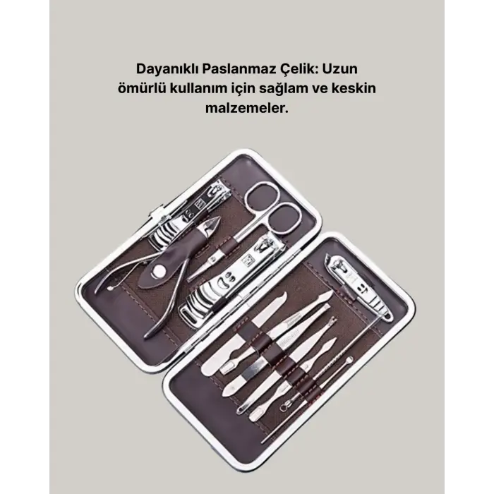 Özel Deri Çantalı 12 Parça Manikür Pedikür Bakım Seti Paslanmaz Çelik