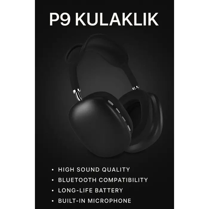 P9 Bluetooth 5.0 Kablosuz Siyah Kulaklık Mikrofonlu Uzun Pil Yüksek Bass ANC