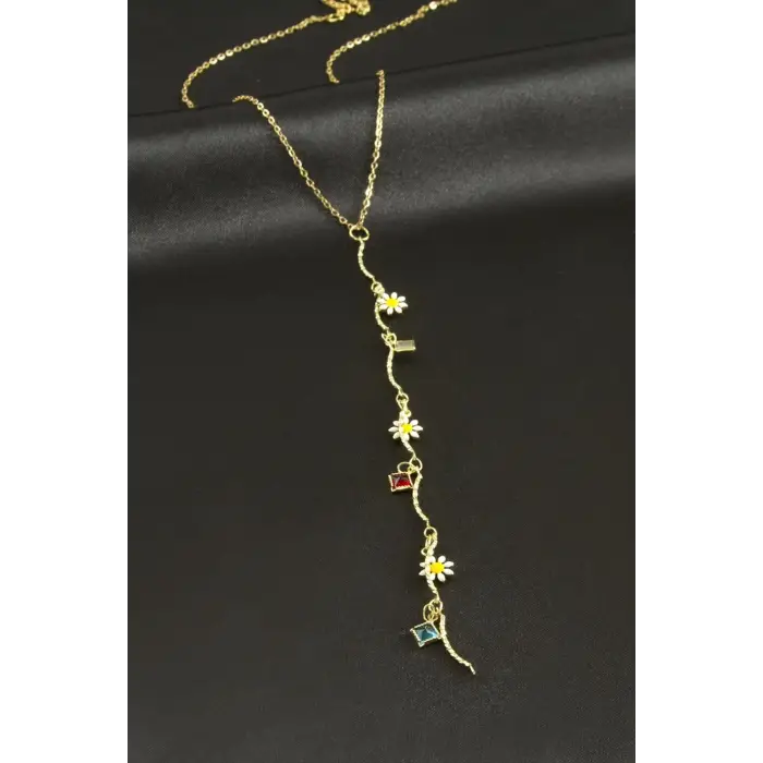 Papatya Dikdörtgen Çelik Y Kolye