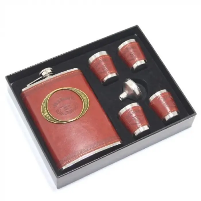 Paslanmaz Çelik 4 Shot Bardaklı Derili Matara Seti Model 3