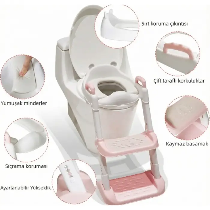 Pembe Merdivenli Çocuk Klozet Tuvalet Eğitimi Aparatı