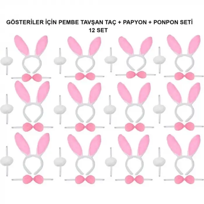 Pembe Tavşan Kostüm Seti – Taç, Papyon, Ponpon (12’li Paket)