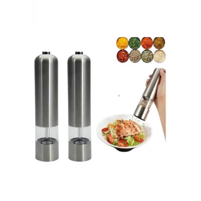 Pilli Tuz Ve Karabiber Öğütücü Baharat Değirmeni Tuzluk Pilli Işıklı Gri