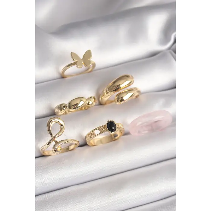 Pirinç Gold Renk Kelebek Figür Sarmal Model 6Lı Kadın Yüzük Seti