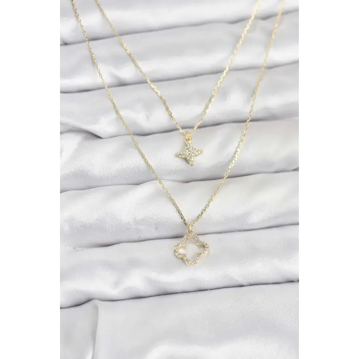 Pirinç Gold Renk Yonca Model 2li Kadın Kolye