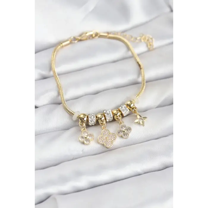 Pirinç Gold Renk Yonca Model Kadın Bileklik