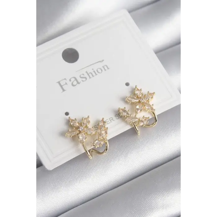 Pirinç Gold Renk Zirkon Taşlı Çiçek Model Kadın Küpe