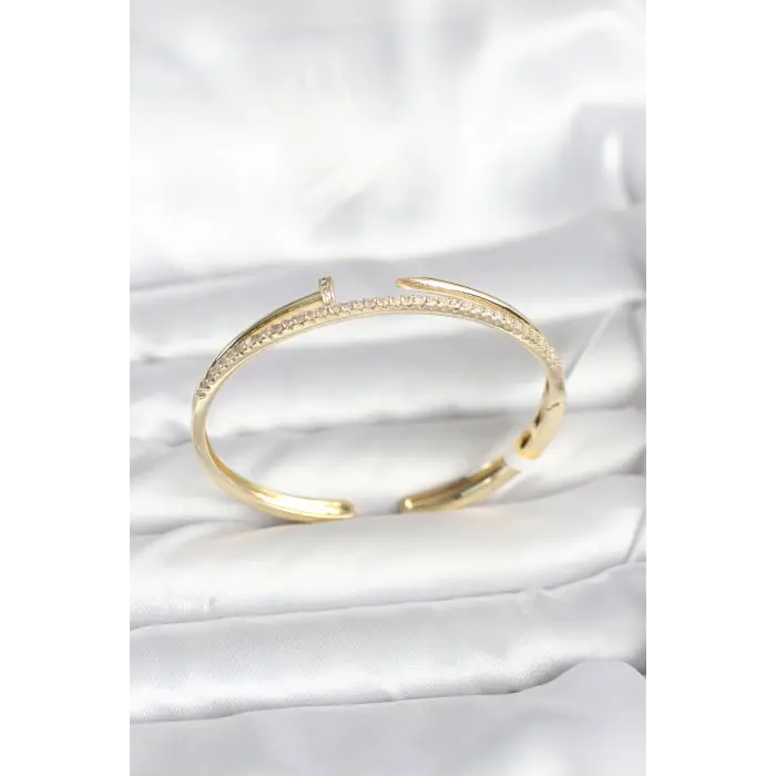 Pirinç Gold Renk Zirkon Taşlı Çivi Model Kadın Kelepçe Bileklik