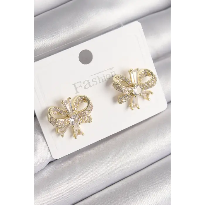 Pirinç Gold Renk Zirkon Taşlı Fiyonk Model Kadın Küpe
