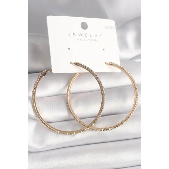 Pirinç Gold Renk Zirkon Taşlı Halka Model Kadın Küpe