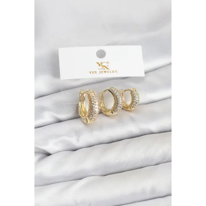 Pirinç Gold Renk Zirkon Taşlı Halka Model YSX Trio Küpe Seti