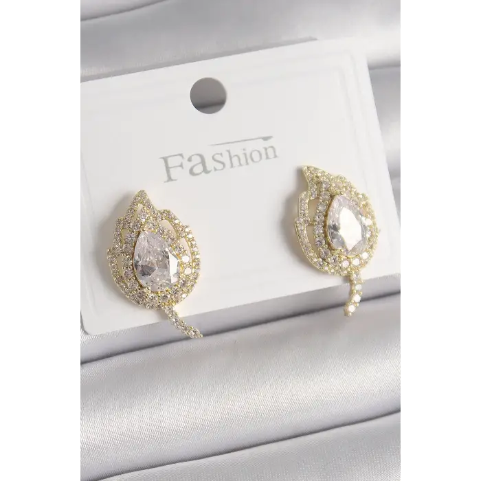 Pirinç Gold Renk Zirkon Taşlı Yaprak Model Kadın Küpe