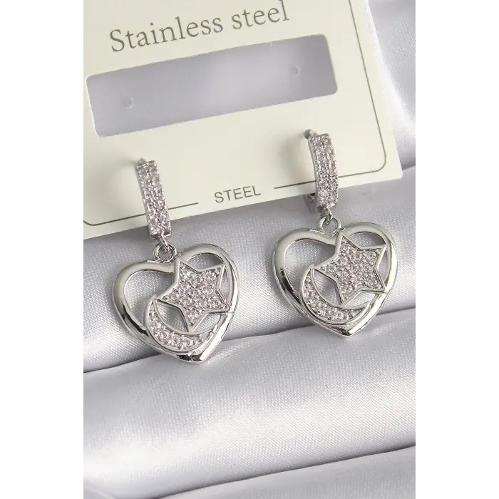 Pirinç Gümüş Renk Kalp Model Zirkon Taşlı Ay Yıldız İşlemeli Kadın Küpe