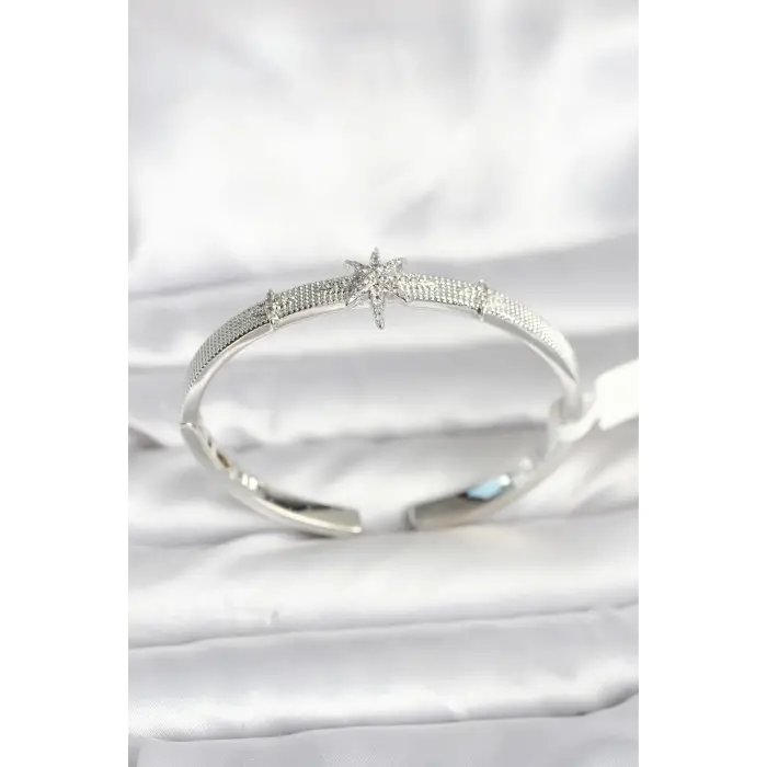 Pirinç Gümüş Renk Kutup Yıldızı Model Kadın Kelepçe Bileklik