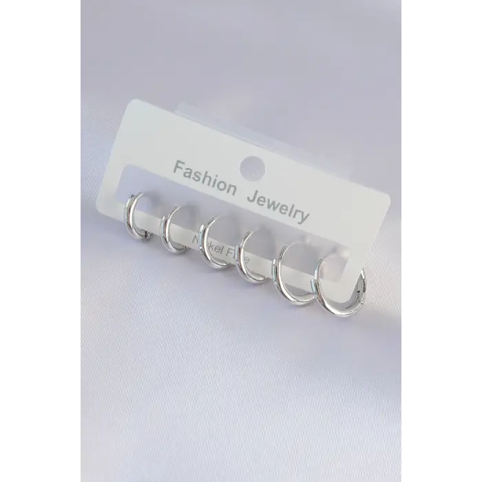 Pirinç Gümüş Renk Oval Küpe Seti