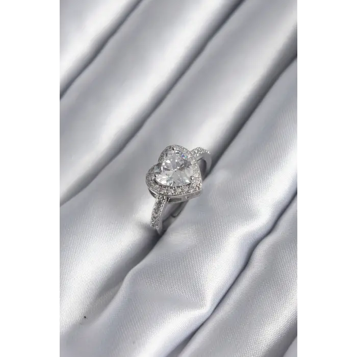 Pirinç Gümüş Renk Zirkon Taş Kalp Charm Model Kadın Yüzük