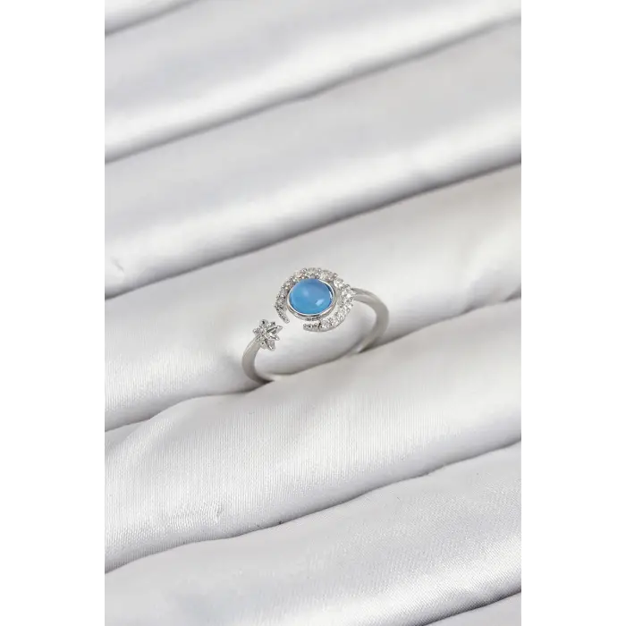 Pirinç Gümüş Renk Zirkon Taşlı Ay Yıldız Kadın Yüzük