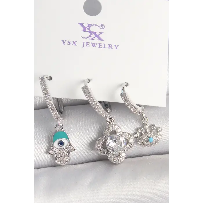 Pirinç Gümüş Renk Zirkon Taşlı Fatma Ana Yonca Figür Göz Detay 3Lü Kadın Kombin Küpe