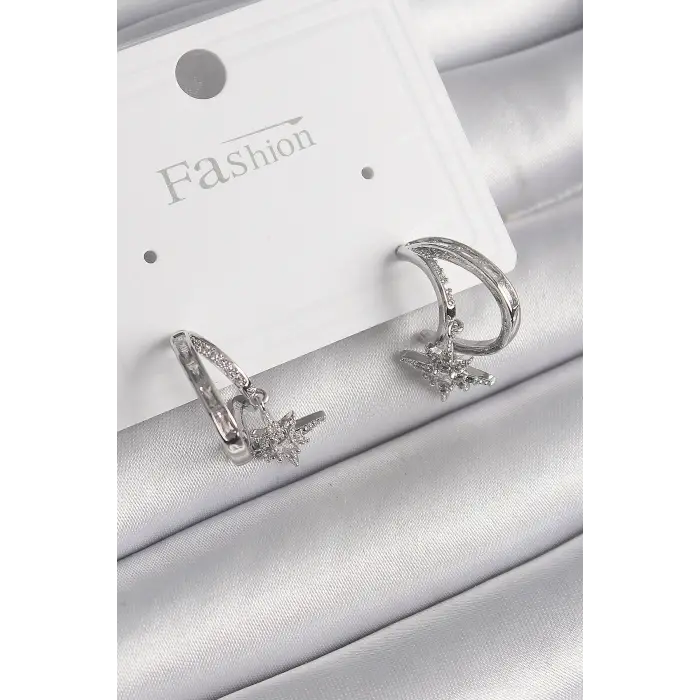 Pirinç Gümüş Renk Zirkon Taşlı Halka Model Sallantı Yıldız Detay Kadın Küpe