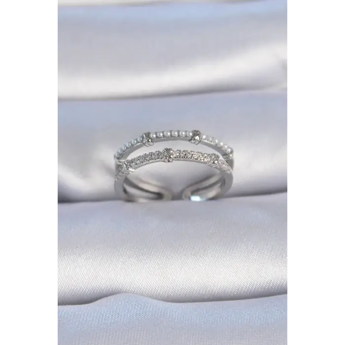 Pirinç Gümüş Renk Zirkon Taşlı İnci Detay Kadın Yüzük