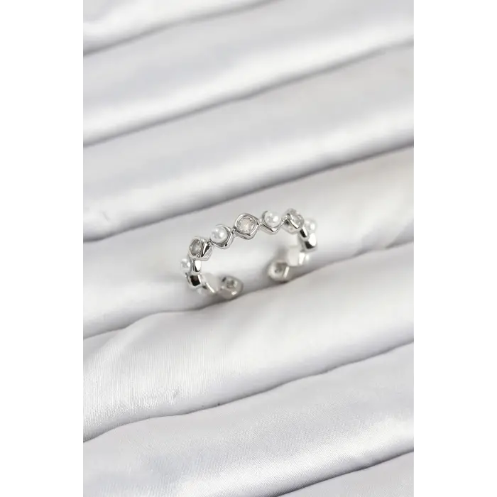 Pirinç Gümüş Renk Zirkon Taşlı İncili Kadın Yüzük