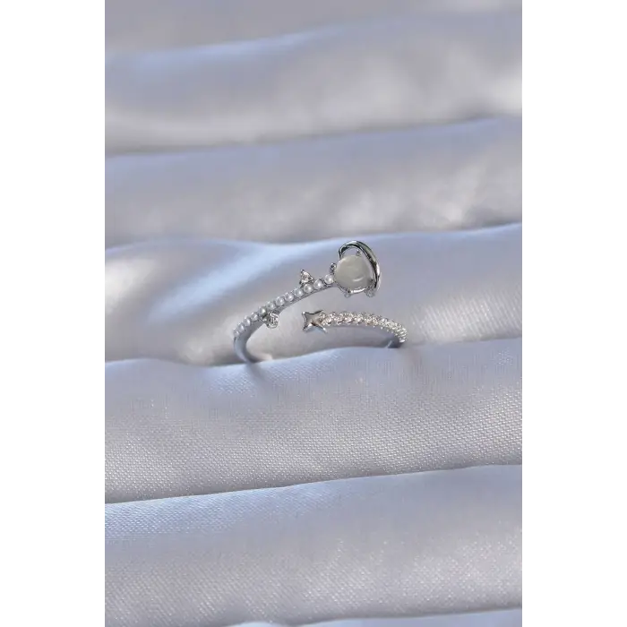 Pirinç Gümüş Renk Zirkon Taşlı İncili Satürn Model Ayarlanabilir Yüzük