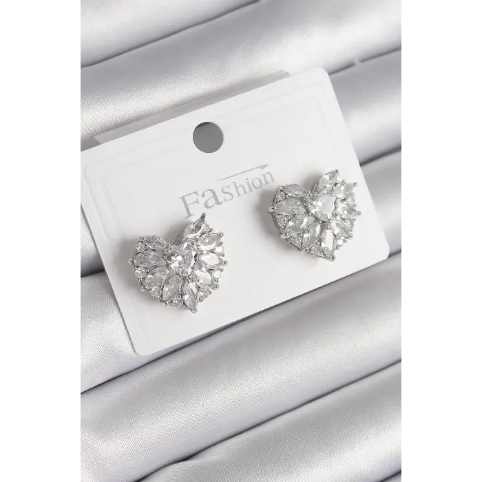 Pirinç Gümüş Renk Zirkon Taşlı Kalp Model Kadın Küpe