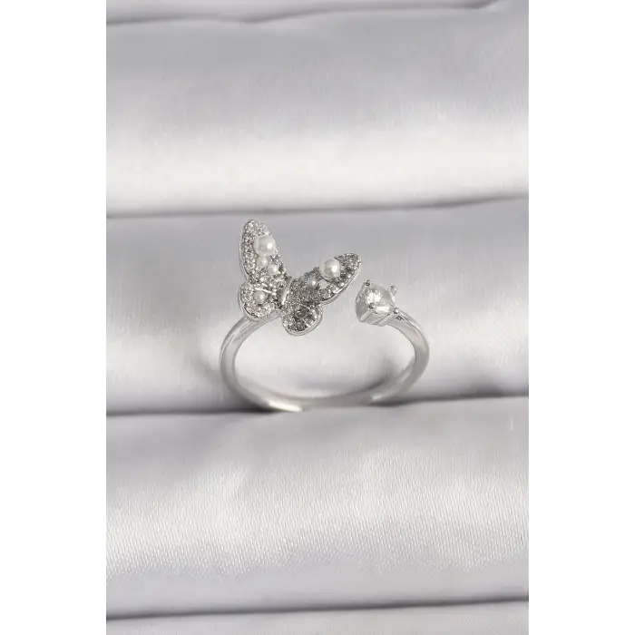 Pirinç Gümüş Renk Zirkon Taşlı Kelebek Model İnci Detay Ayarlanabilir Yüzük