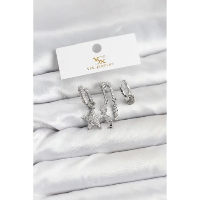 Pirinç Gümüş Renk Zirkon Taşlı Yıldız Vintage Model YSX Trio Küpe Seti