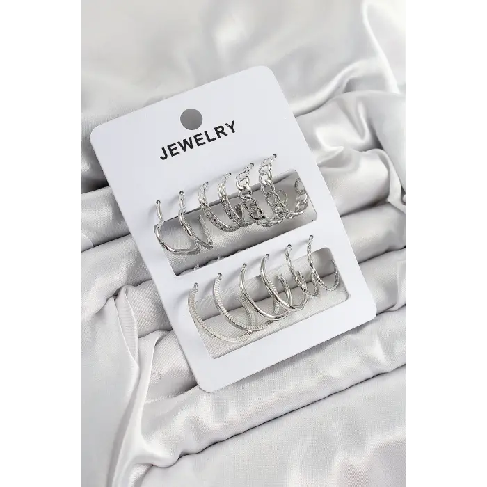 Pirinç Karışık Halka Model Gümüş Renk 6 Çift Kadın Küpe Set