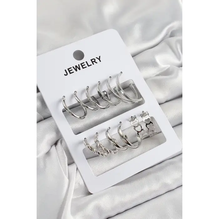 Pirinç Karışık Halka Model Gümüş Renk 6 Çift Kadın Küpe Set