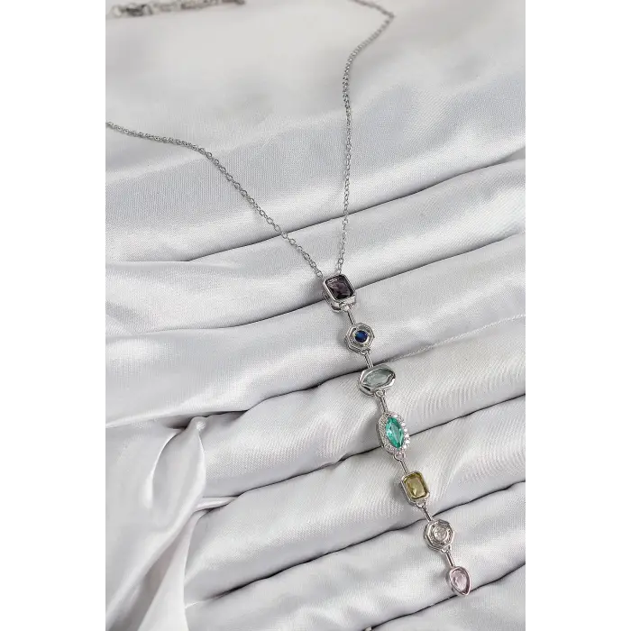 Pirinç Renkli Zirkon Taşlı Model Gümüş Renk 7 Element Kadın Y Kolye