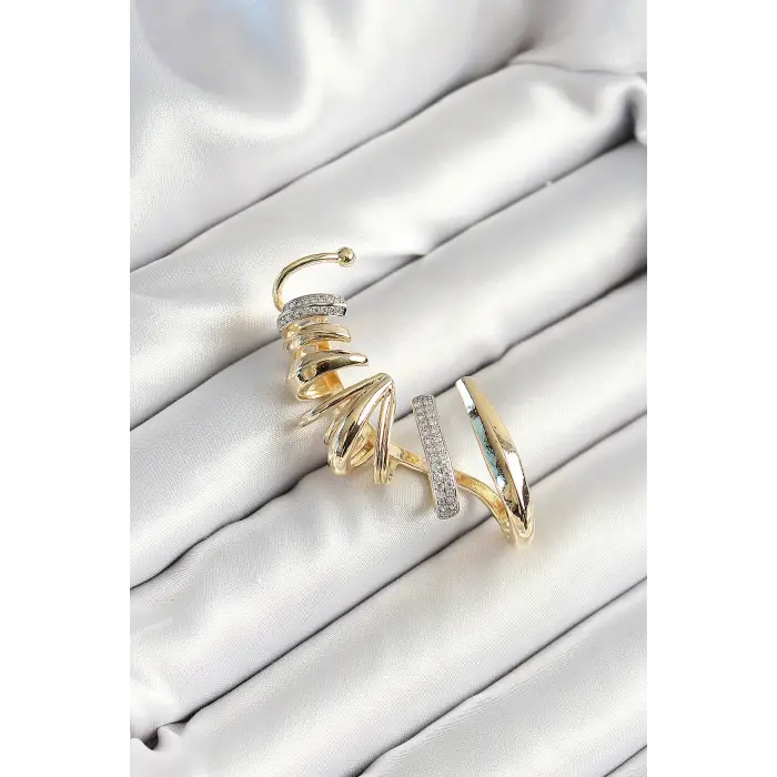 Pirinç Zirkon Taş Kaplamalı Sarmal Figürlü Gold Renk Kadın Sağ Kıkırdak Küpe