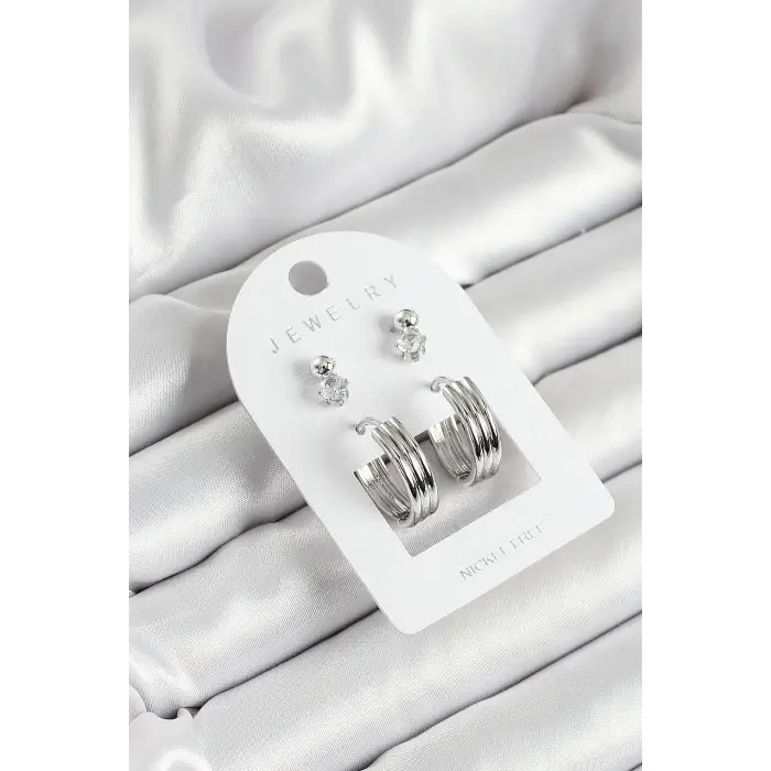 Pirinç Zirkon Taş Ve Halka Figürlü Gümüş Renk 3lü Çift Kadın Küpe Set