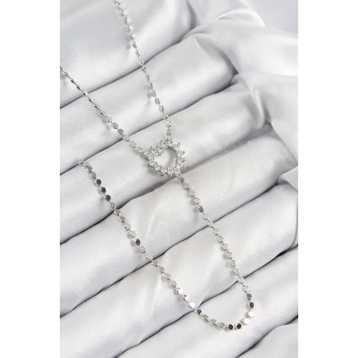 Pirinç Zirkon Taşlı Ezme Zincirli Kalp Model Gümüş Renk Y Kolye